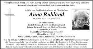 Traueranzeige Anna Ruhland