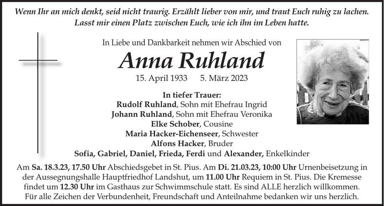 Traueranzeige Anna Ruhland