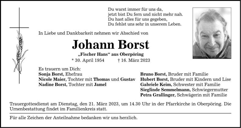 Traueranzeige Johann Borst