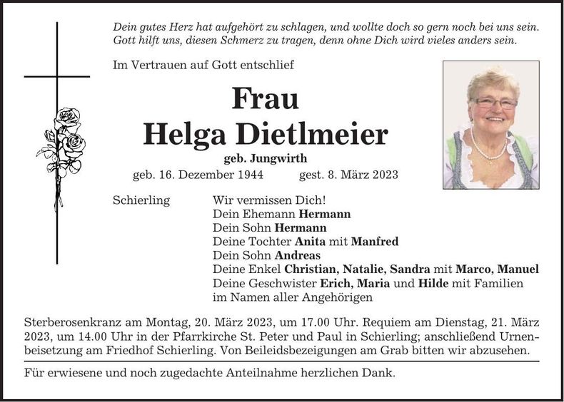 Traueranzeige Helga Dietlmeier