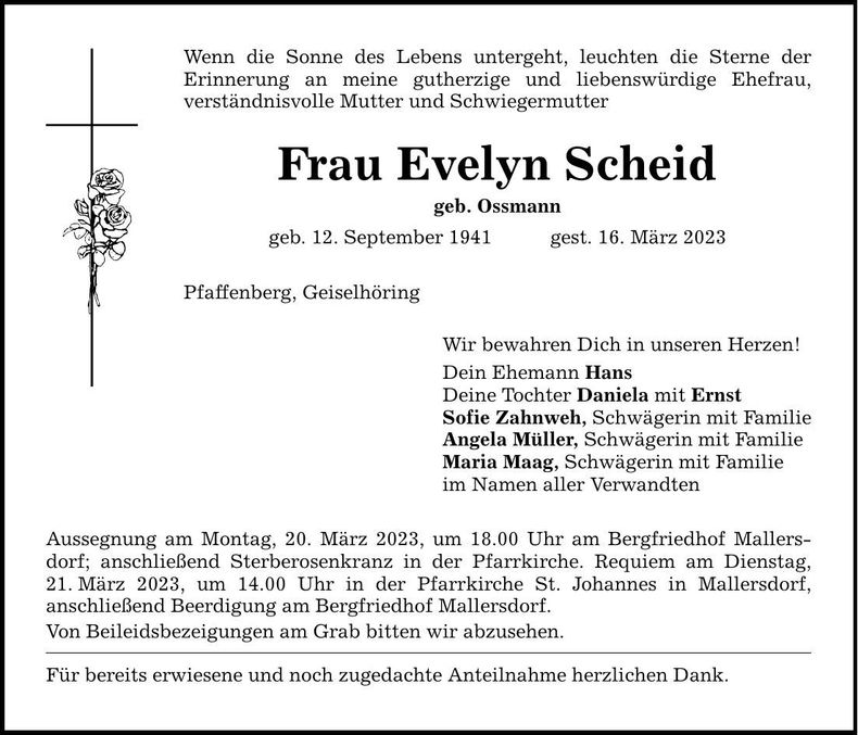Traueranzeige Evelyn Scheid