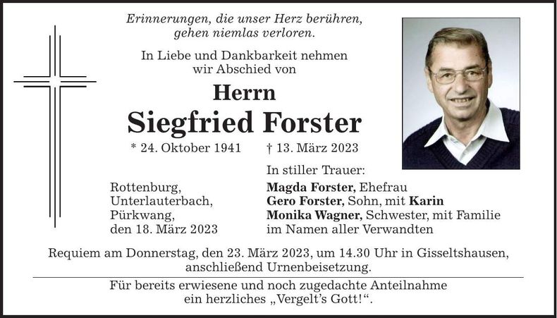 Traueranzeige Siegfried Forster