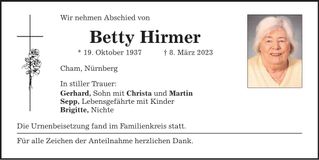 Traueranzeige Betty Hirmer