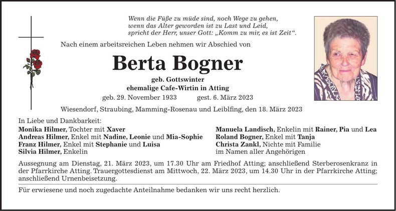 Traueranzeige Berta Bogner