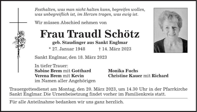 Traueranzeige Schötz Traudl