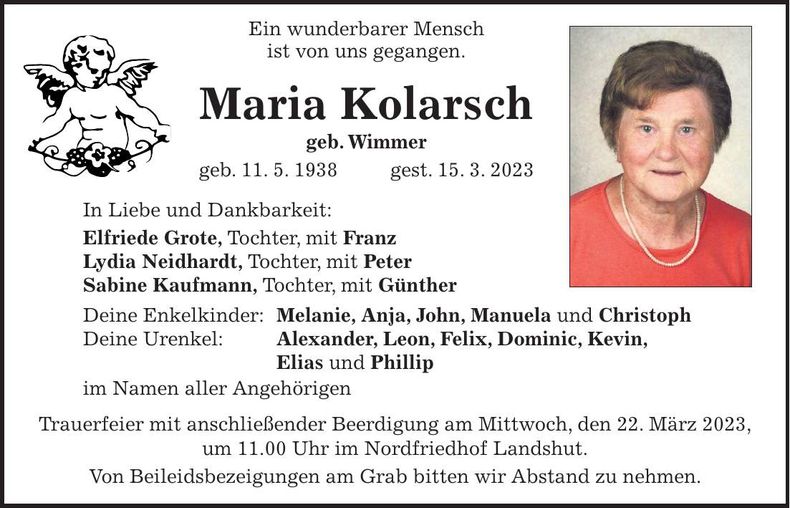 Traueranzeige Maria Kolarsch