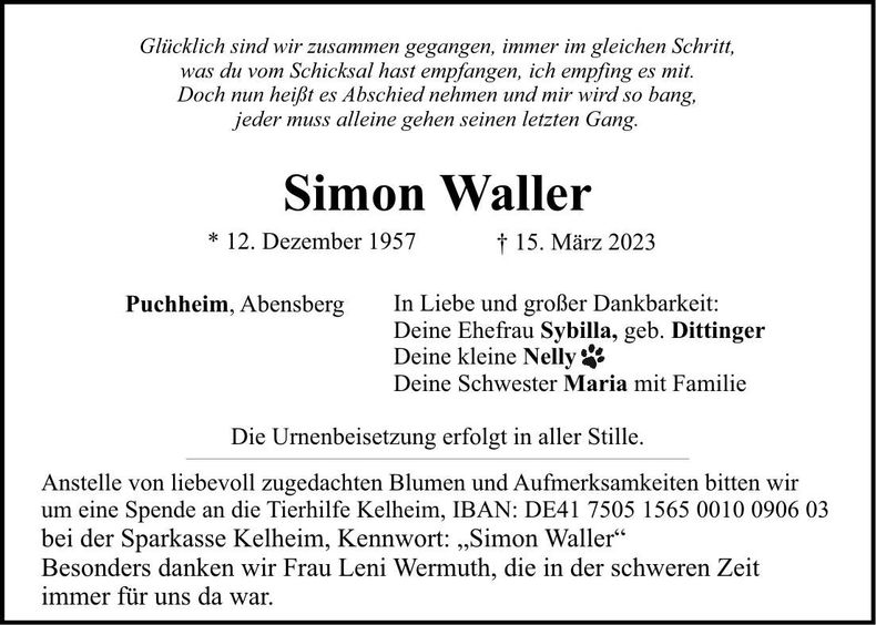 Traueranzeige Simon Waller