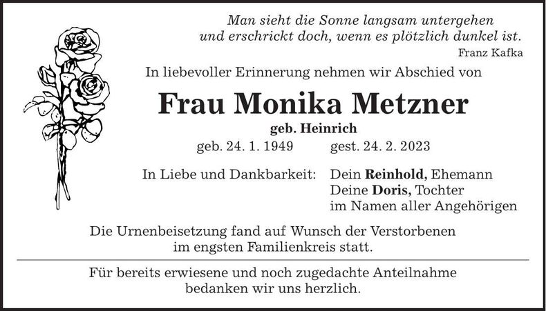 Traueranzeige Monika Metzner