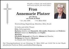 Traueranzeige Annemarie Platzer
