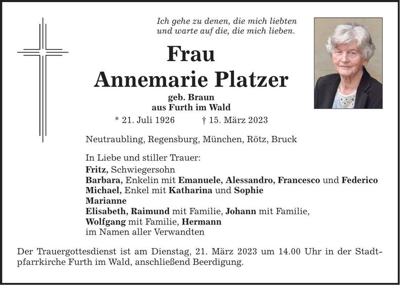 Traueranzeige Annemarie Platzer