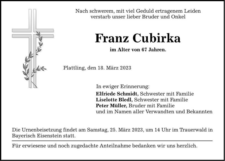 Traueranzeige Franz Cubirka