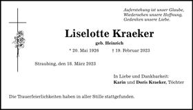 Traueranzeige Liselotte Kraeker