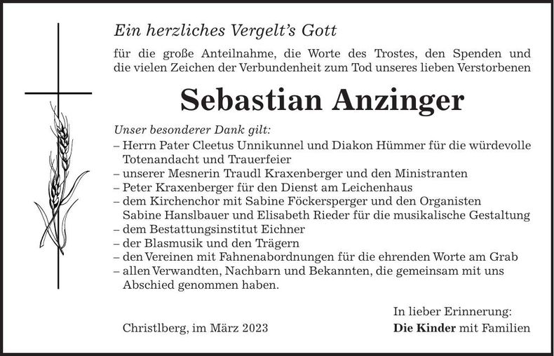 Traueranzeige Sebastian Anzinger