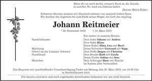 Traueranzeige Johann Reitmeier