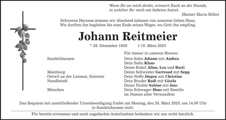 Traueranzeige Johann Reitmeier
