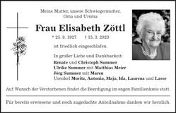 Traueranzeige Elisabeth Zöttk