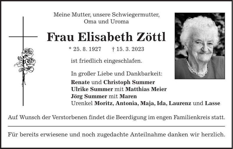 Traueranzeige Elisabeth Zöttk