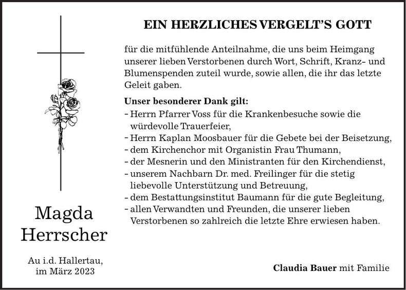 Traueranzeige Magda Herrscher