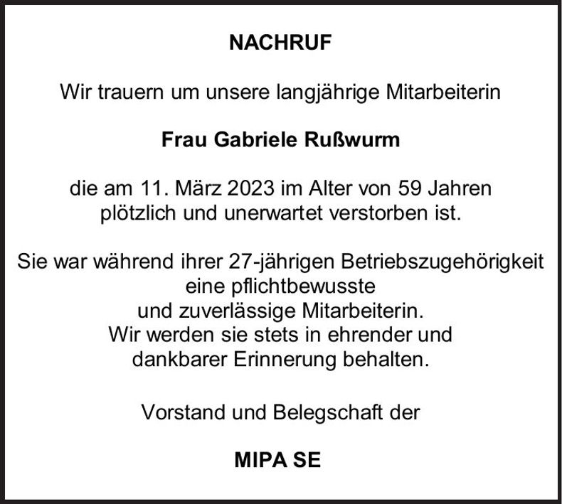 Traueranzeige Gabriele Rußwurm