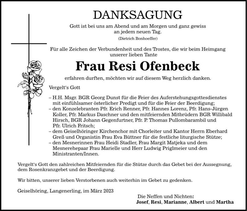 Traueranzeige Resi Ofenbeck