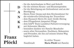 Traueranzeige Franz Plöckl