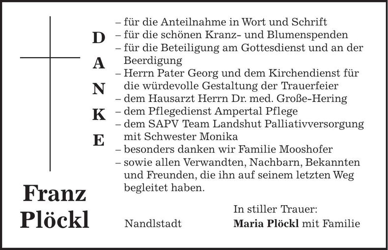 Traueranzeige Franz Plöckl