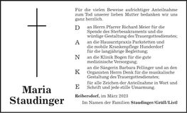 Traueranzeige Maria Staudinger
