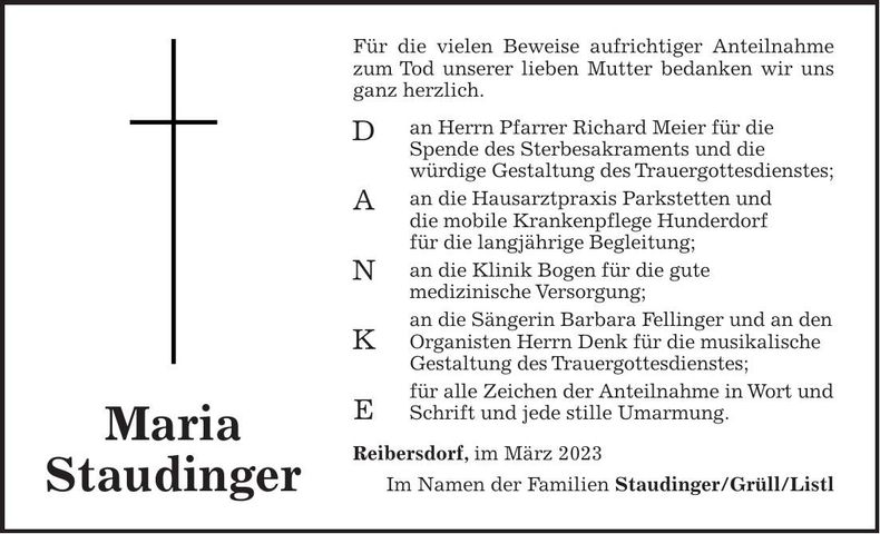 Traueranzeige Maria Staudinger
