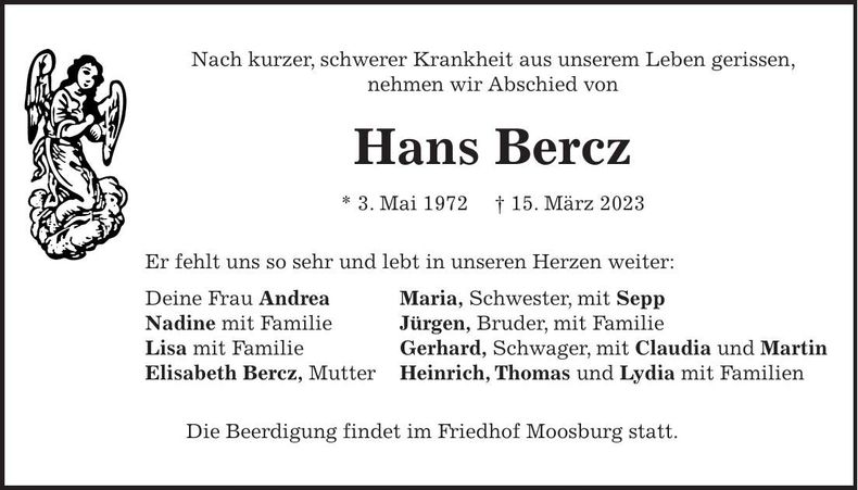 Traueranzeige Hans Bercz