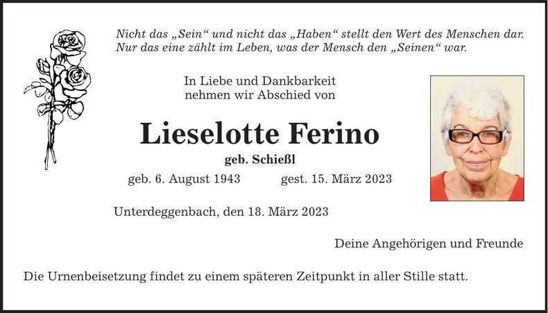 Traueranzeige Lieselotte Ferino