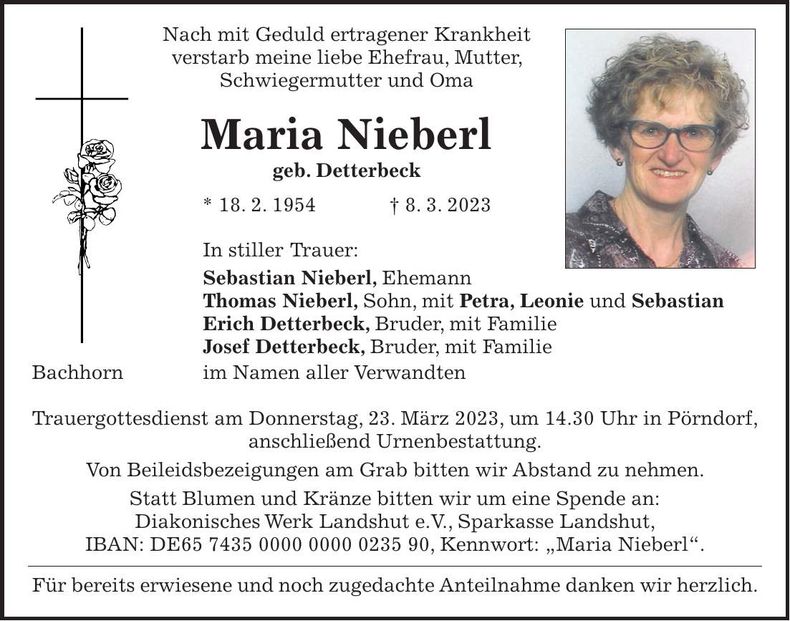 Traueranzeige Maria Nieberl