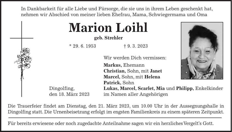 Traueranzeige Marion Loihl