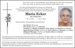 Traueranzeige Maria Ecker