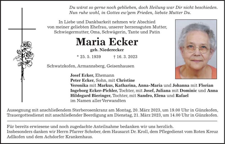Traueranzeige Maria Ecker