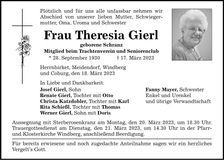 Traueranzeige Theresia Gierl