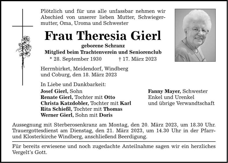 Traueranzeige Theresia Gierl