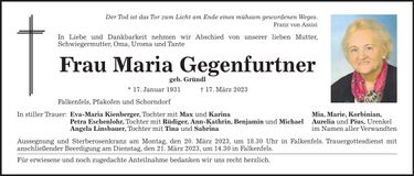 Traueranzeige Maria Gegenfurtner