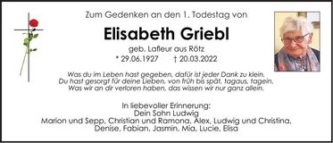 Traueranzeige Elisabeth Griebl
