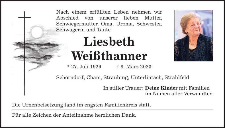 Traueranzeige Liesbeth Weißthaner