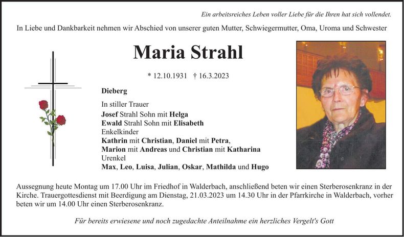 Traueranzeige Maria Strahl