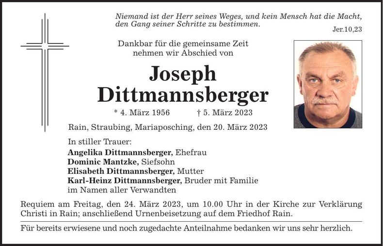 Traueranzeige Joseph Dittmannsberger