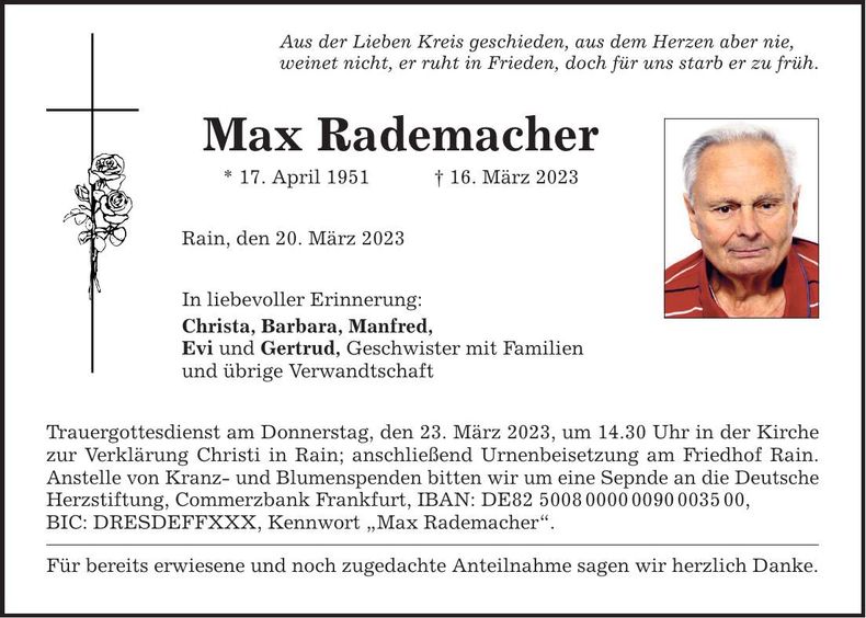 Traueranzeige Max Rademacher