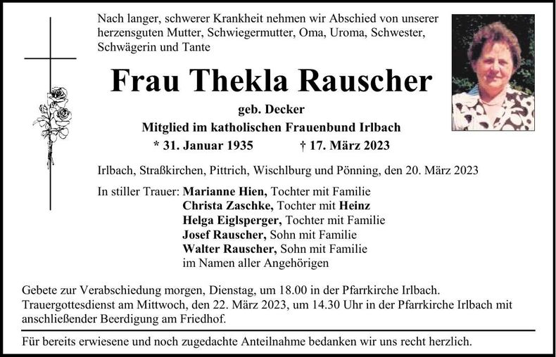 Traueranzeige Thekla Rauscher