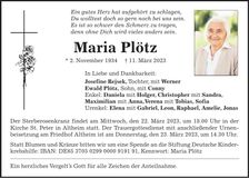 Traueranzeige Maria Plötz