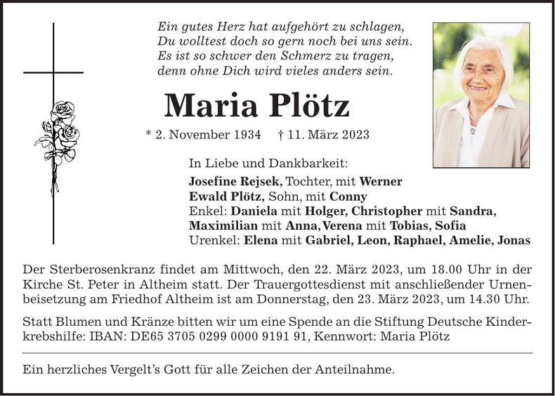 Traueranzeige Maria Plötz