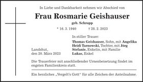 Traueranzeige Rosmarie Geishauser