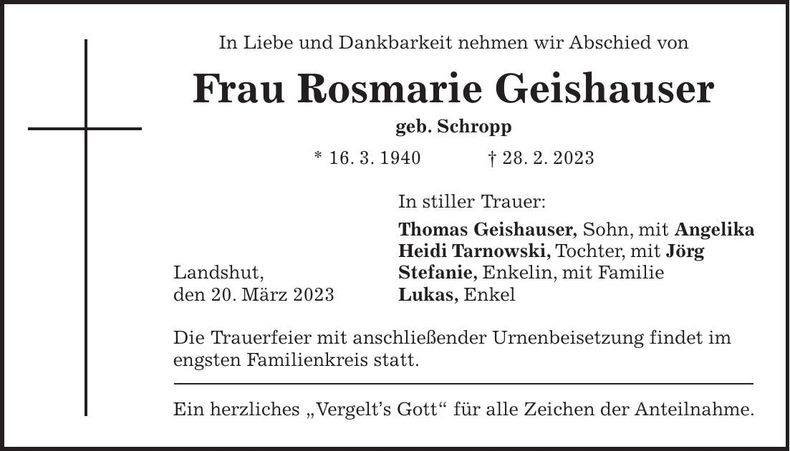 Traueranzeige Rosmarie Geishauser