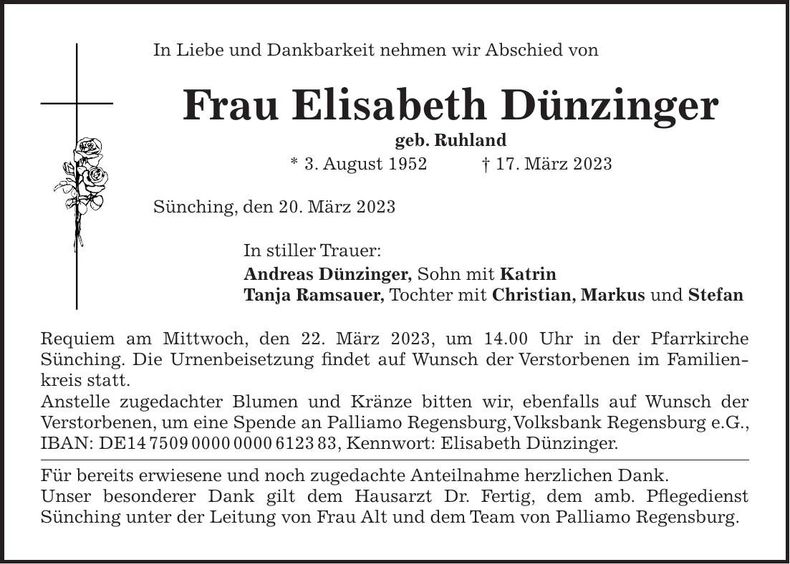 Traueranzeige Elisabeth Dünzinger