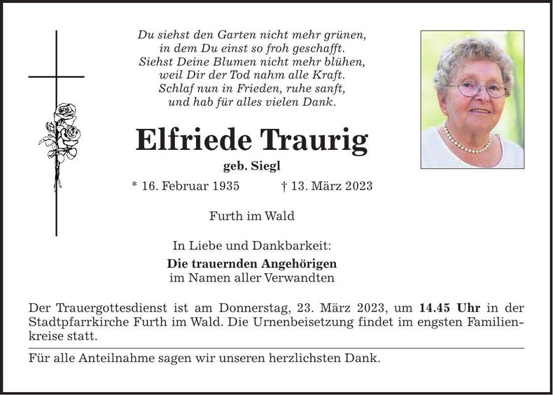 Traueranzeige Elfriede Traurig