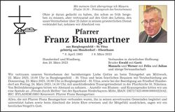 Traueranzeige Franz Pfarrer Baumgartner
